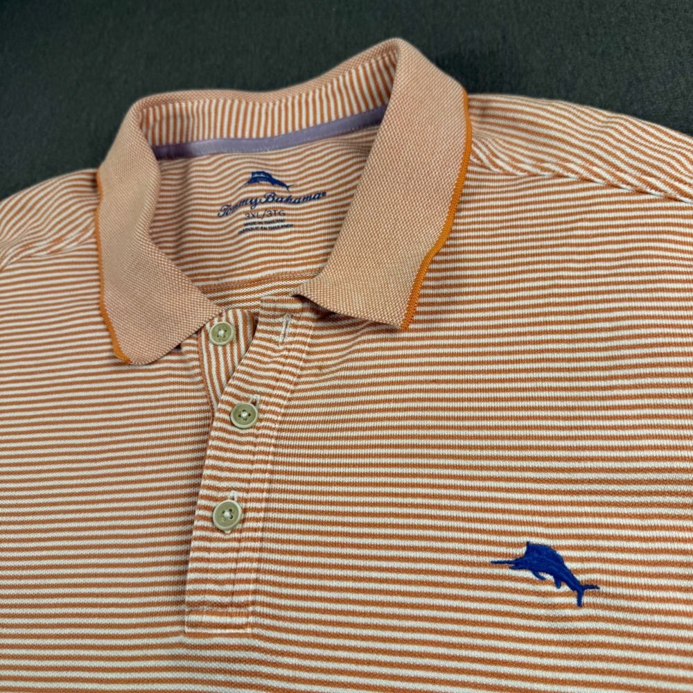 Tommy Bahama Mens 3XL Striped Polo Shirt Orange White Marlin Logo Short‎ Sleeve